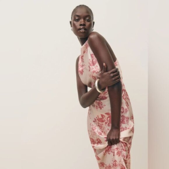 NEW Reformation Anaiis Long Silk Dress Cameo Rose Pink Cream Floral | size US 6 - Picture 4 of 12